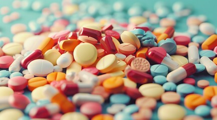 Medicine theme background. Colorful pile of pills and tablets. High quality AI generated image
