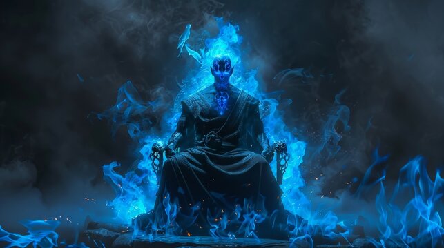 Cinematic fantasy  black and blue deity on throne with blue flames in realistic style