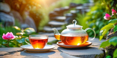 a transparent teapot with herbal tea and a tea cup on the background of a beautiful blurred garden with a stone path