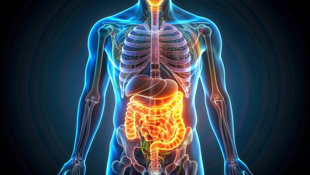 A holographic image of the human digestive system, with each organ color-coded and glowing softly, set against a dark background, showing the complexity of the digestive tract.