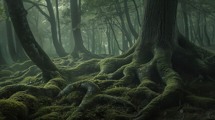 A photograph of twisted tree roots, gnarled and complex, roots extending outward