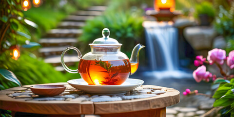 Fototapeta premium a transparent teapot with herbal tea and a tea cup on the background of a beautiful blurred garden with a waterfall