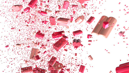 A cascade of pink and rose gold hearts falling on a black background