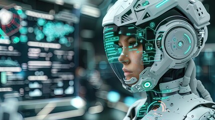 Fototapeta premium Woman engineer wearing virtual reality headset monitoring spacecraft telemetry data