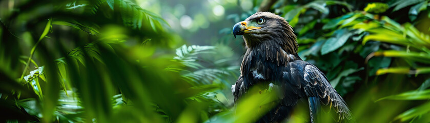 Fototapeta premium Eagle in dense forest, ultra-realistic, intricate detail, rich greenery, peaceful