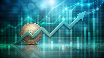 A large dollar coin stands next to a rising arrow, symbolizing financial growth. In the background, various data visualizations and charts indicate a positive economic trend.Generated by AI.