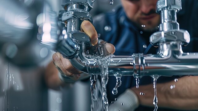 Plumber fixing leaking water pipe in bathroom