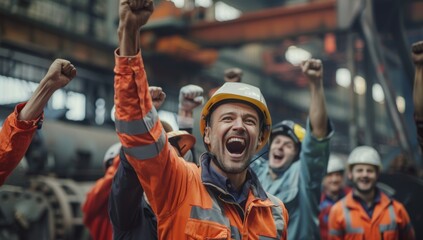 Celebrating Success: Excited Industrial Team Cheering