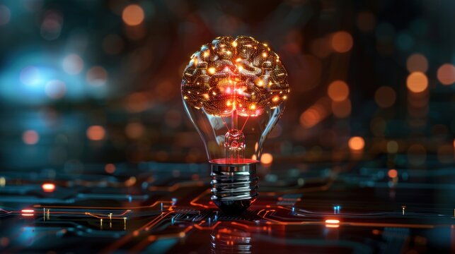 Brain-shaped light bulb glowing with internal circuitry, set against a dark, tech-themed background, Cyberpunk, Neon colors, Digital illustration, Emphasizing brainpower and technology.