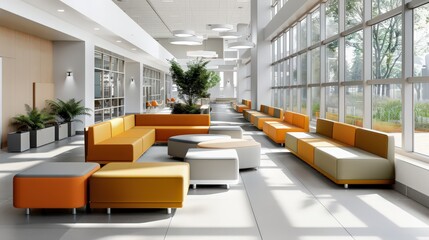 A contemporary waiting area with modular seating arrangements, allowing flexibility and adaptability to accommodate varying numbers of guests