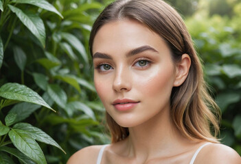 Fototapeta premium A beauty blogger demonstrating a dewy, natural skin routine against a lush, green garden backdrop. 