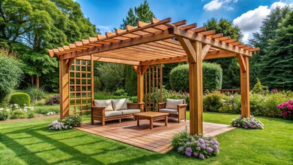 of a teak wooden outdoor pergola in a lush garden, teak, wooden, outdoor, pergola, garden, , nature