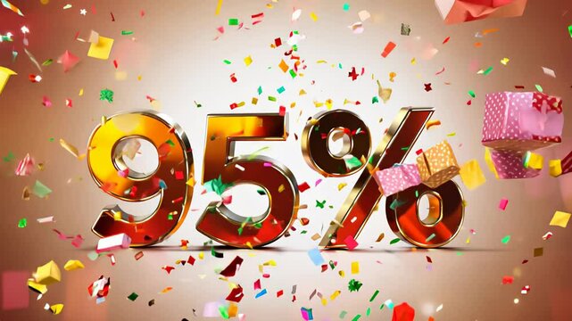 Percentage "95%" on a festive background with confetti and gifts.
Concept: Holiday sales, seasonal discounts and promotions