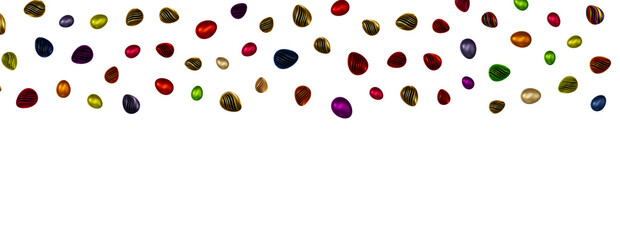 A rainbow of colorful eggs falling against a black background Happy Easter