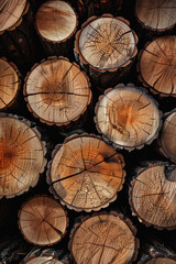 Naklejka premium round wood stacked together, cut off tree trunks, brown in color