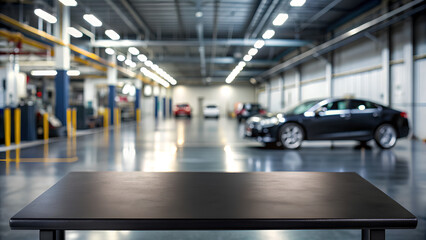 Empty black table, Table with blur background garage for car service, for products montage  background