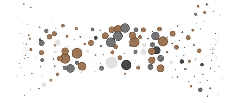 A scattering of brown white and gray circles on a black background