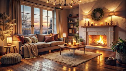 Comfortable, cozy house interior with warm decor and soft lighting, home, cozy, comfort, interior, house, living room, decor