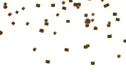 A shower of golden cubes against a black background