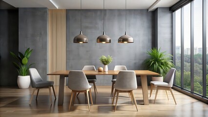 Sleek minimalist dining room with modern table, chairs, and pendant lighting, minimalist, dining area, sleek