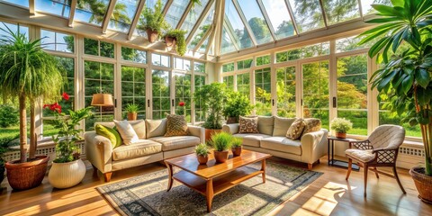 Fototapeta premium Bright sunroom with cozy seating, lush plants, and plenty of natural light , sunroom, natural light, bright