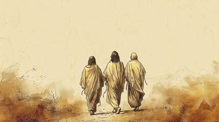 Jesus and disciples walking on the road to Emmaus, hearts burning with enlightenment. Biblical illustration with beige background and copy space. Suitable for religious events and storytelling.