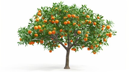 A detailed depiction of a tangerine tree with ripe fruits, isolated on a clean white background. Fruits isolated on white. Photo realistic photo.