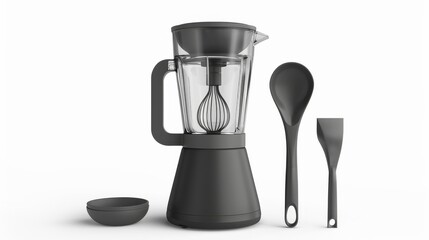 A blender with a compact size and a detachable blade assembly for easy cleaning isolated on a solid white background. Kitchen utensils isolated on white. Photo realistic photo.
