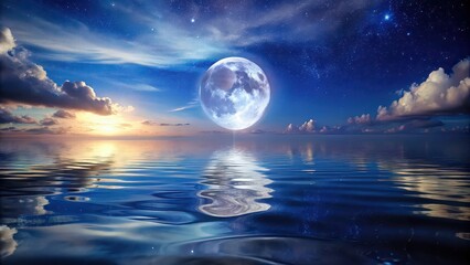 Night sky with full moon reflecting off calm water, moonlight, reflection, stars, serene, peaceful, tranquil, night, sky, dark