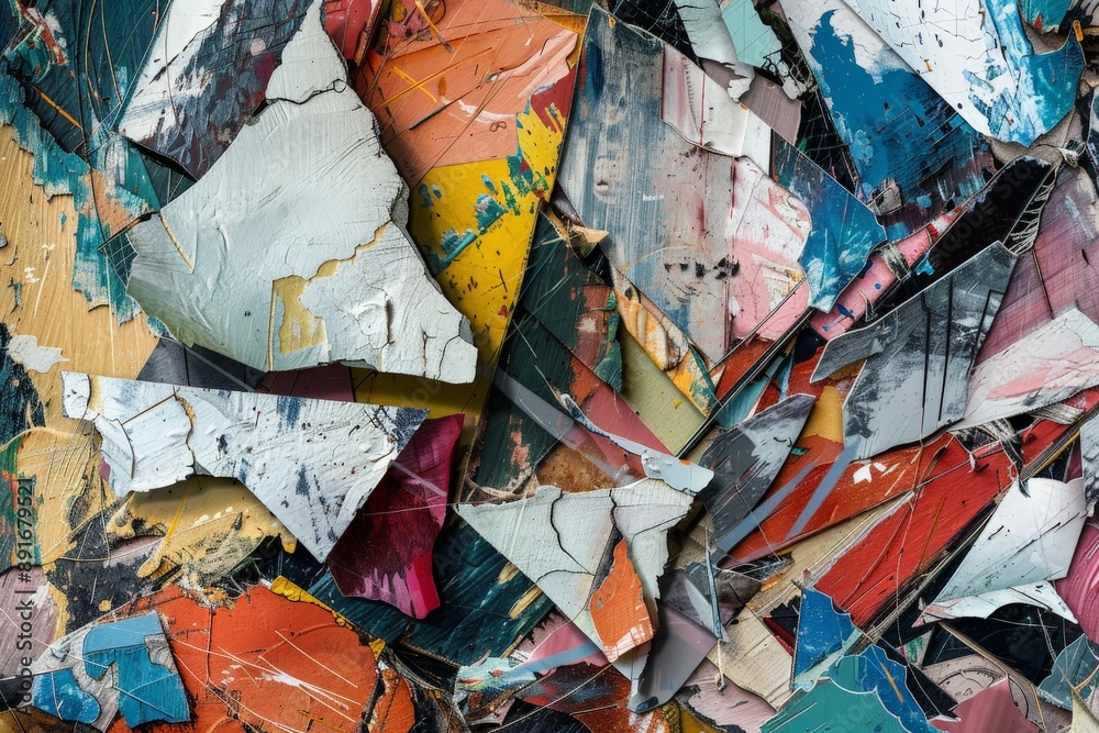 Poster A dynamic and colorful abstract art piece composed of various broken geometric shapes layered together, creating a vivid and energetic visual experience.
