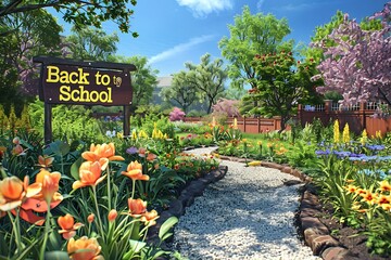 A school garden with a "Back to School" sign, blooming flowers, and a tranquil setting