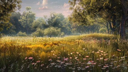 A gentle breeze stirs the air in a tranquil meadow, causing the wildflowers to dance and filling the air with their sweet scent.
