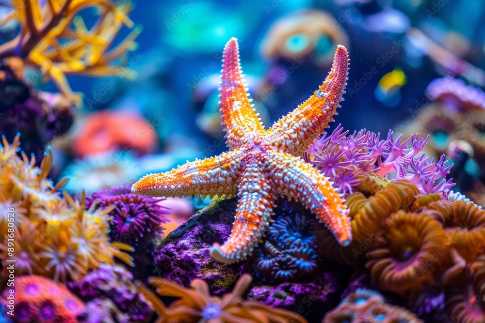 Poster a beautiful image of a starfish with intricate patterns, set against a visually stunning coral reef 