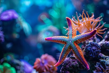 A lively underwater image of a colorful starfish perched on coral, flanked by various sea anemones and other marine life, depicting the rich biodiversity of the ocean.