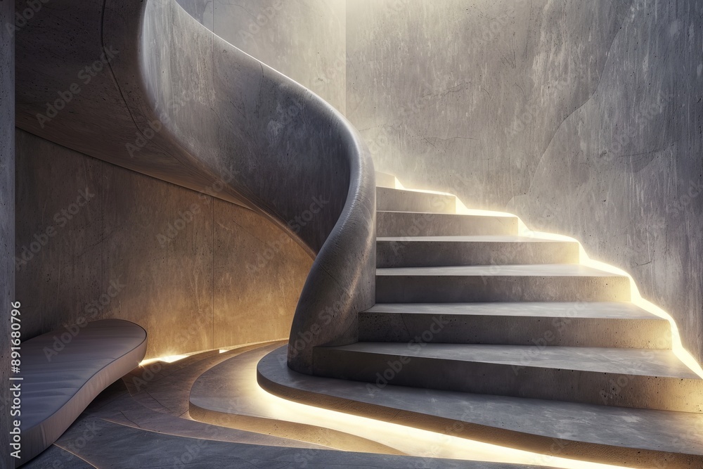 Poster A modern, curved concrete staircase highlighted with elegant ambient lighting. The design provides a smooth and seamless flow with an emphasis on minimalism and aesthetics.