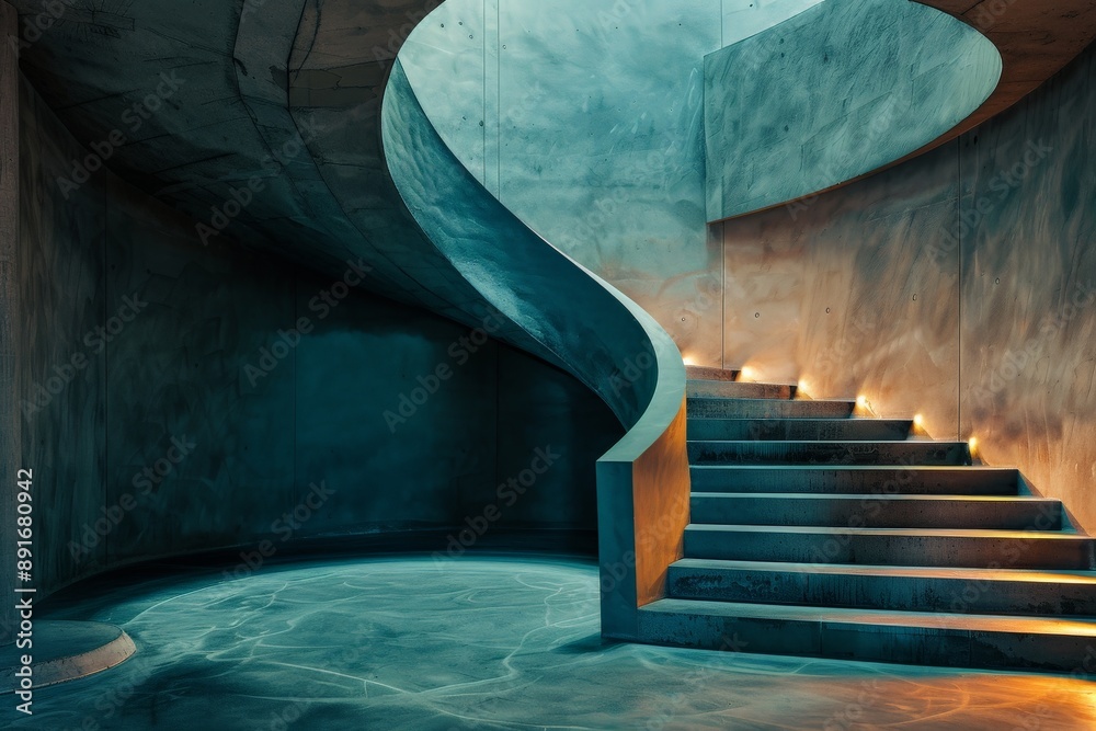 Aufkleber a beautiful, modern curved concrete staircase with soft ambient lighting, creating a sleek and futur