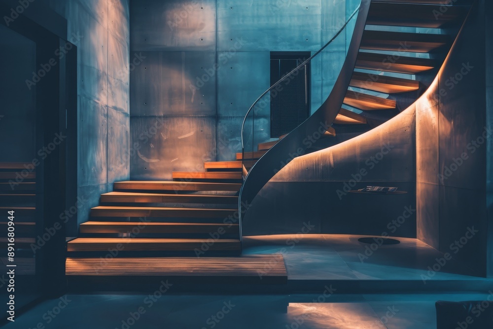 Poster An elegant illuminated contemporary spiral staircase structure with wooden steps, blending modern architectural design with warm and inviting lighting for a sophisticated look.