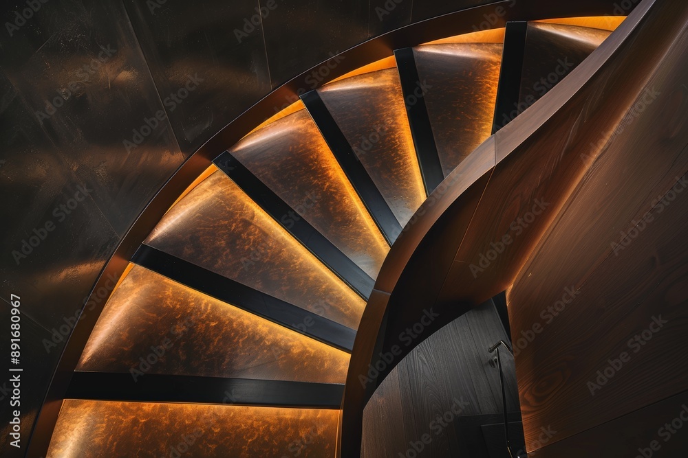 Poster this image showcases a spiral staircase with vibrant orange ambient under-lighting, adding warmth an