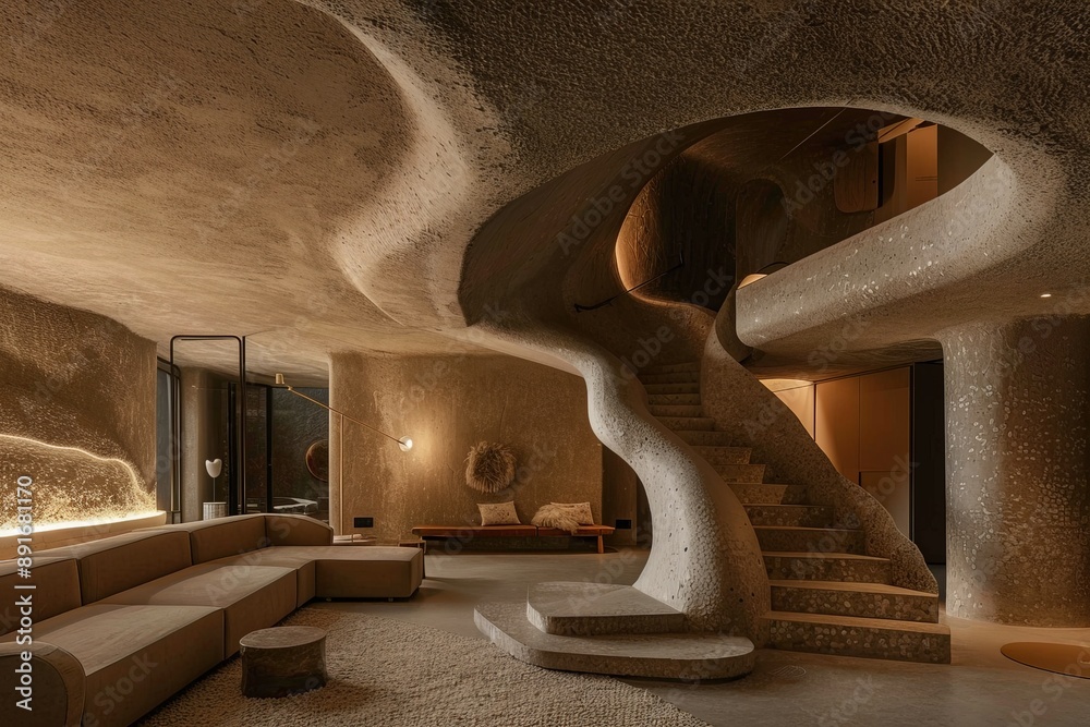Poster This image showcases an organically shaped modern staircase with textured concrete finish, blending artistic design and functional elements in a refined living space.