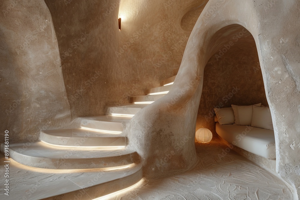 Poster Elegant curved staircase with built-in seating nook in a minimalist design space. The concrete structure blends form and function, creating a unique architectural feature.