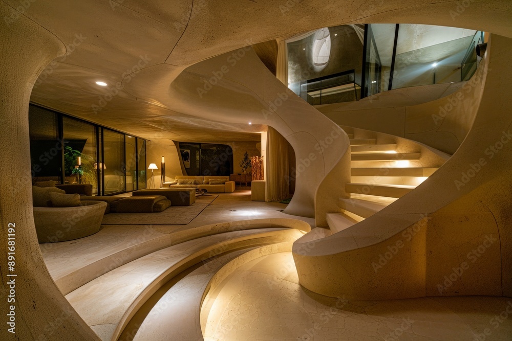 Poster The intricately designed illuminated curved staircase stands out in a modern living room, offering a visually engaging centerpiece that merges form and function seamlessly.