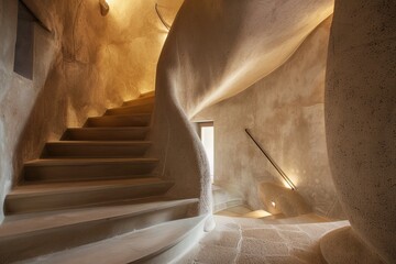 A beautifully crafted curved concrete staircase is shown in a modern minimalist space. The architecture highlights smooth, flowing lines and sculptural elements, suggesting organic inspiration.