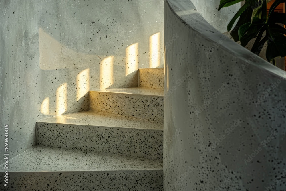 Poster A curved concrete staircase captured with delicate sunlight shadows, highlighting the texture and creating an interplay of light and shadow within a modern environment.