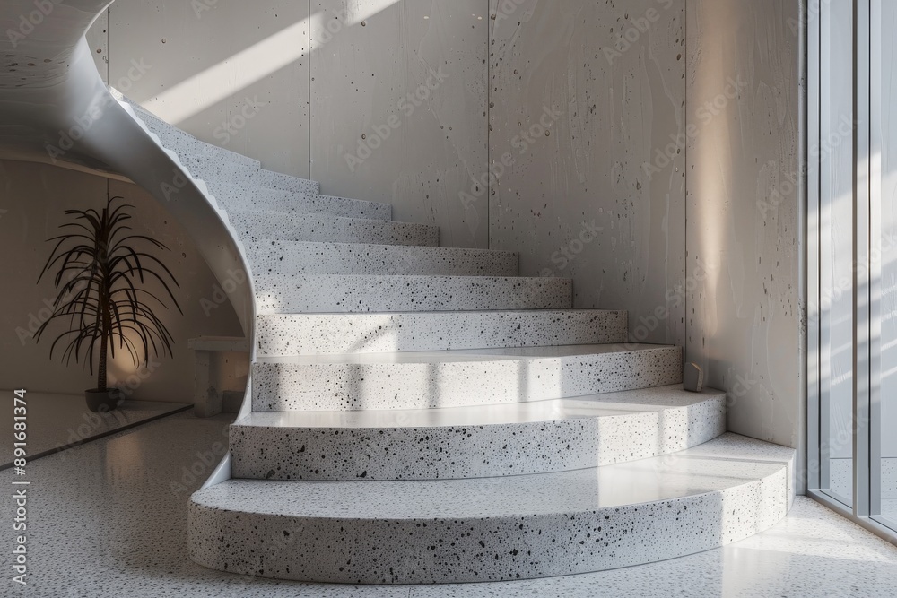 Poster A brightly lit concrete staircase features a sleek and modern design, enhanced by an indoor plant placed beside it, creating a harmonious blend of nature and architecture.
