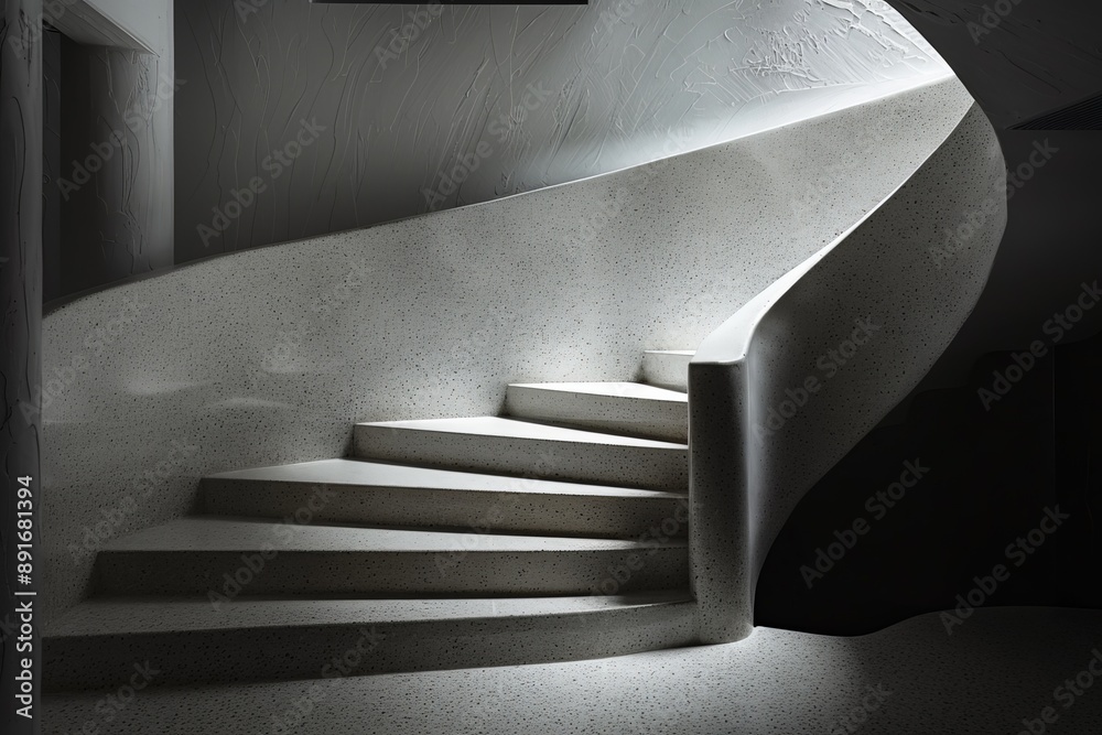 Poster A smooth and curved concrete staircase with a modern finish is captured beautifully in a minimalist interior, emphasizing the elegance and sophistication of contemporary design.