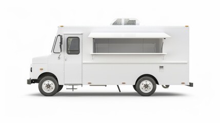 White food truck mock up Side view isolated white background. Food isolated on white. Photo realistic photo.