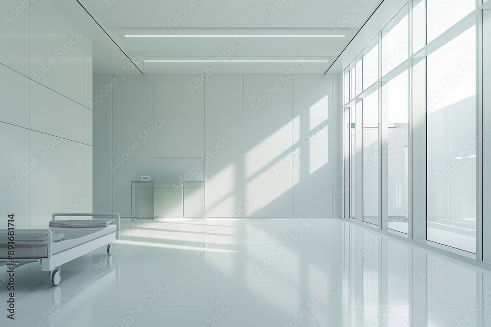 Poster an empty, minimalist hospital room with an empty bed, flooded with sunlight from large windows, emph