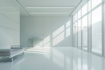 Fototapeta premium An empty, minimalist hospital room with an empty bed, flooded with sunlight from large windows, emphasizing cleanliness, simplicity, and a tranquil environment for patients.