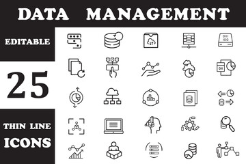 Data Management Line Editable Icons set. Data analytics and management related icons: big data, database, research, data mining, and more. Modern thin line vector illustration