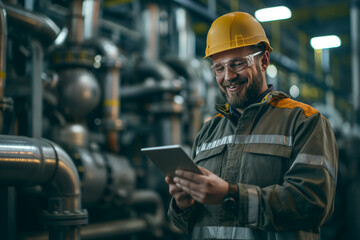 Smiling industrial worker in a hard hat and safety vest using a digital tablet in a factory setting, highlighting technology use and safety in modern industry.